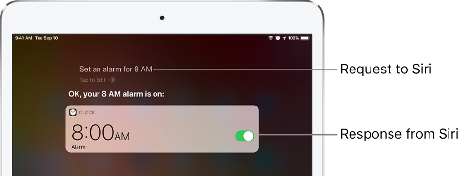 The Siri screen showing that Siri is asked to “Set an alarm for 8 a.m.,” and in response, Siri replies “The alarm’s set for 8 AM.” A notification from the Clock app shows that an alarm is turned on for 8:00 a.m.